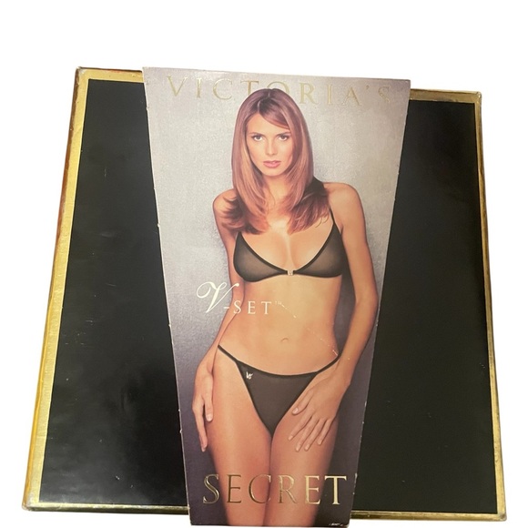 Vintage 90's Victoria's Secret Black Sheer Mesh Rhinestone V-Set Sz Small - Picture 1 of 3